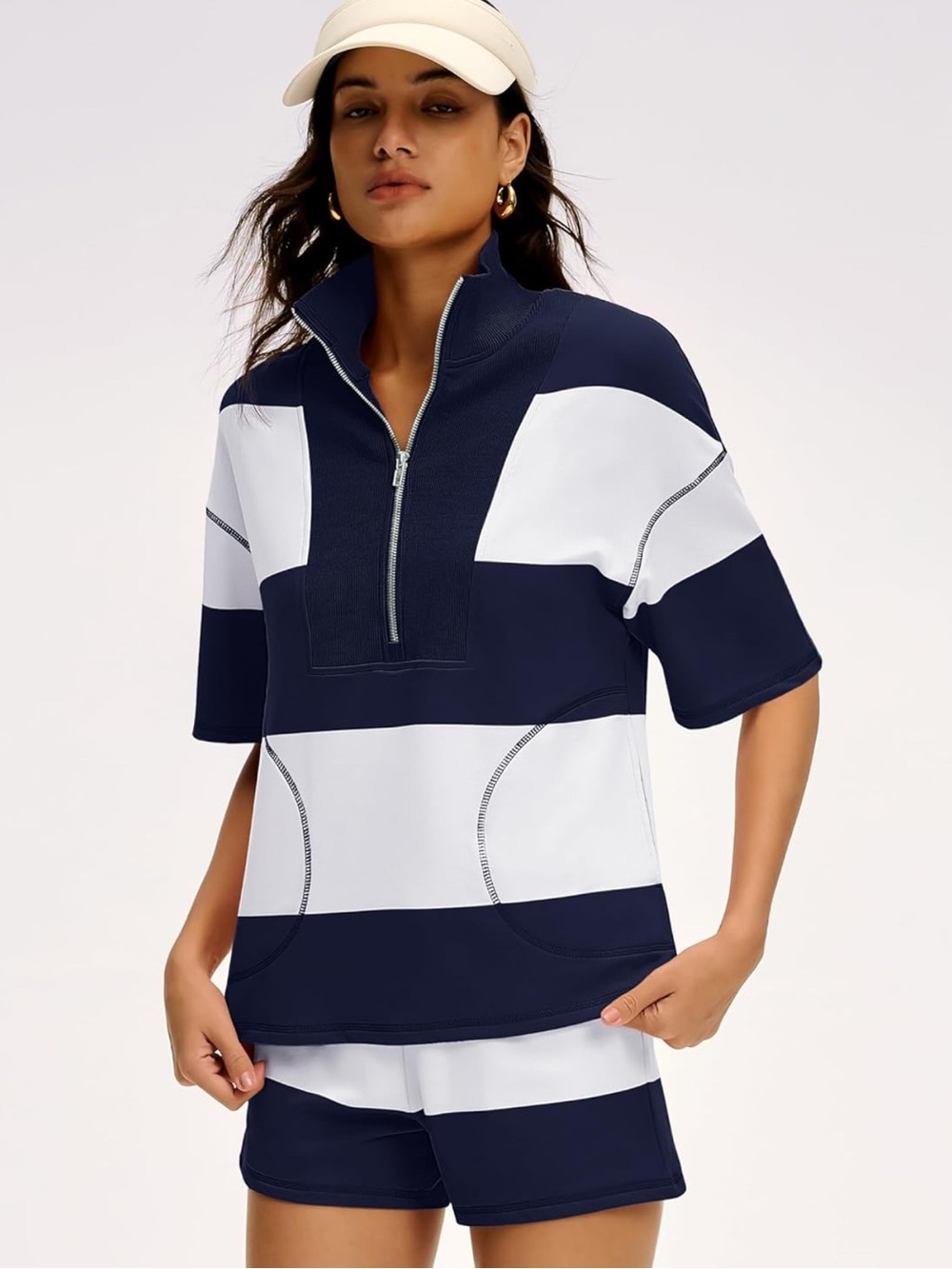 Coastal Navy Stripe Quarter Zip Top & Shorts Set - Picture 1 of 13